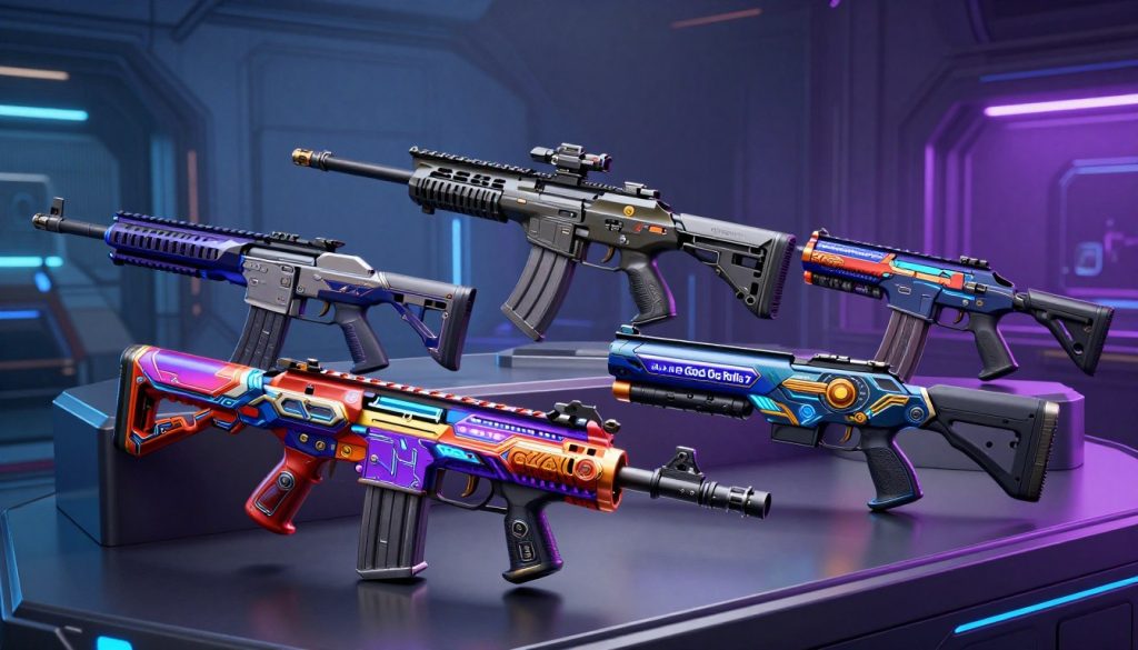 A beautifully designed array of Destiny 2 primary weapons showcasing their PvE God Rolls, meticulously arranged on a sleek futuristic display table. The foreground features a vibrant auto rifle and a precision hand cannon, each adorned with intricate glowing designs and vivid colors representing their legendary status. In the middle, a well-crafted scout rifle and a stylish pulse rifle are positioned, emphasizing their unique perks. The background showcases an atmospheric, dimly lit sci-fi environment with soft blue and purple ambient lighting, creating a sense of depth and mystery. The scene is captured from a slightly elevated angle to highlight the weapons’ details and craftsmanship, evoking an exciting and heroic mood suitable for dedicated gamers.