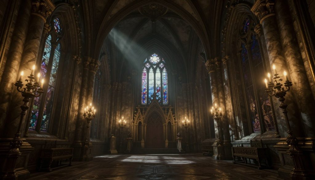 A detailed castle environment from Resident Evil 4 showcasing the game's atmospheric lighting