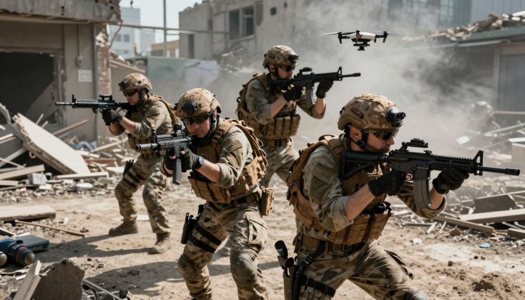 A detailed depiction of a specialized PLA infantry Squad 10.3 engaged in combat training in an urban environment. In the foreground, focus on two soldiers in tactical gear, operating advanced weapons like a modernized assault rifle and a portable drone system. Their expressions convey concentration and teamwork. The middle layer features additional squad members, each with unique specialized weapons, like grenade launchers and short-range submachine guns, showcasing diversity in combat roles. In the background, include a partially destroyed urban landscape with debris, emphasizing a war-torn atmosphere. The lighting is dramatic, casting long shadows and highlighting the soldiers, with a slight haze for depth. The angle is dynamic, capturing action and movement, while maintaining a professional, respectful portrayal of the infantry unit.