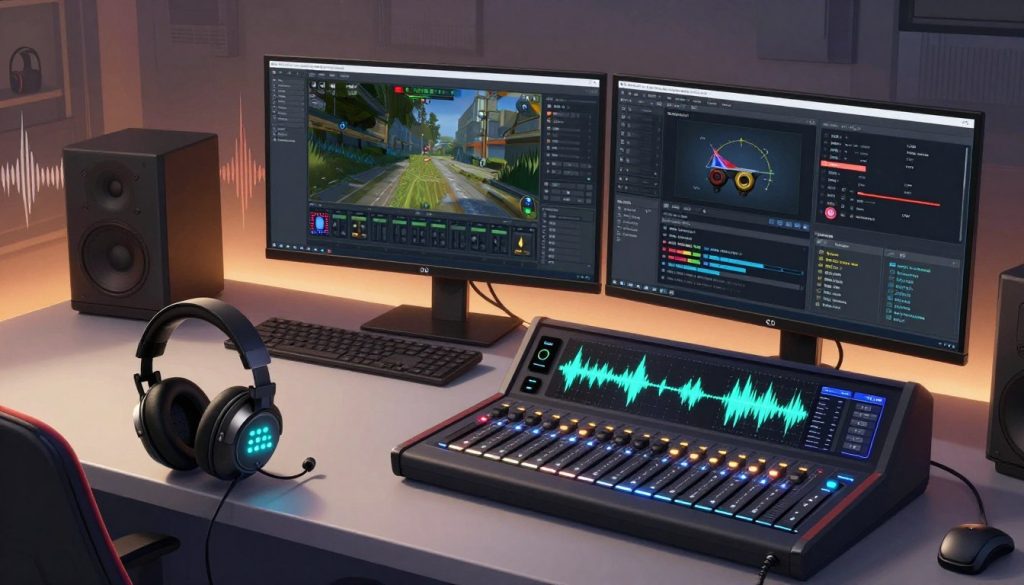 A detailed illustration depicting a high-tech audio optimization setup for Rainbow Six Siege on various platforms. In the foreground, a sleek gaming headset with illuminated controls, and intricate digital audio mixers displaying sound waveforms and levels. The middle ground features a modern gaming desk with multiple screens showing in-game sound settings and platform-specific audio settings for consoles and PC. The background includes soft, ambient lighting that creates a focused yet inviting atmosphere, with sound waves visually represented in an abstract form, subtly integrated into the design. The scene is captured from a slightly elevated angle, highlighting the intricate details and emphasizing the importance of audio in gaming strategy, without any text or logos.