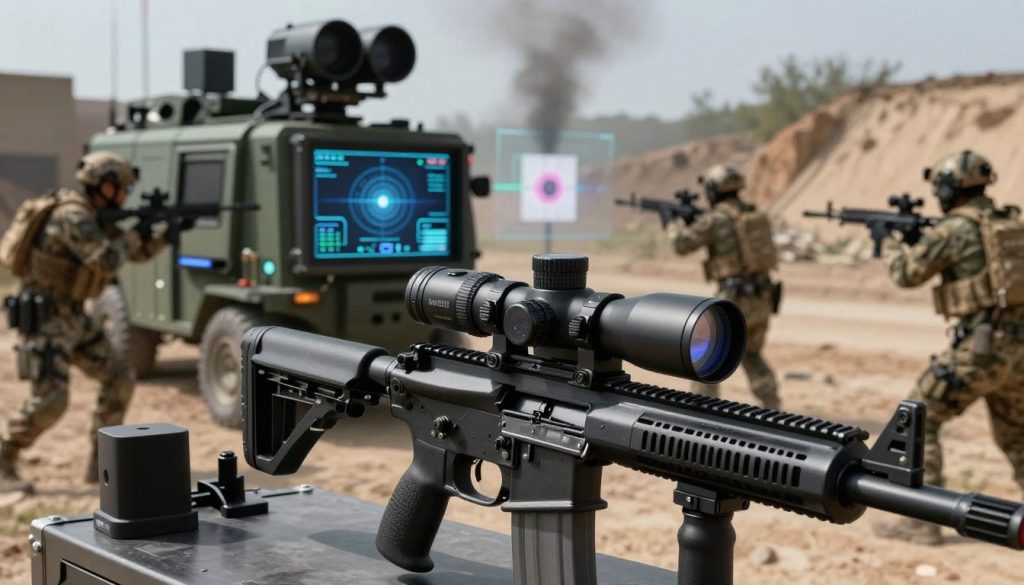 A detailed illustration of advanced optics and targeting systems prominently featured in modern military equipment. In the foreground, showcase a high-tech rifle equipped with a sophisticated optical sight that displays real-time data, set against a softly blurred squad in action. In the middle ground, depict a vehicle with advanced sensors and holographic displays aimed at a simulated target, with soldiers in professional tactical gear working around it. The background features a rugged battlefield environment with muted colors, conveying a stark, focused atmosphere. The lighting is dramatic, highlighting the cutting-edge technology while casting gentle shadows for depth. Use a slight upward angle to emphasize the height and significance of the systems on display, creating a sense of importance and innovation.