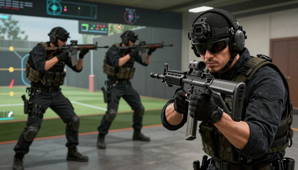 A detailed illustration showcasing recoil compensation techniques for various operators in Rainbow Six Siege. In the foreground, display a professional operator in tactical attire, demonstrating proper stance and grip on an assault rifle, focusing on their hands adjusting the weapon's sights. The middle layer features a dynamic scene with two other operators positioned in different stances, emphasizing diverse techniques—one with a vertical grip, the other with a compensator attachment. The background should depict a virtual training environment, with digital overlays highlighting recoil patterns and effective aiming points. Utilize dramatic lighting to accentuate their focused expressions and the details of their gear, captured with a shallow depth of field to create an immersive atmosphere of intensity and strategy. The scene is action-oriented, aimed to inspire tactical awareness and skill improvement in gameplay.