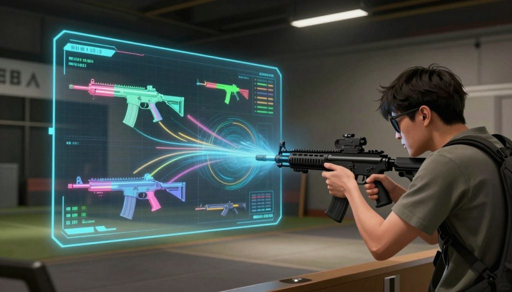 A detailed illustration showcasing the concept of mastering recoil control in Rainbow Six Siege weapons. In the foreground, a gamer is depicted focused and aiming a tactical rifle with a steady grip, dressed in modern, modest casual clothing. The middle ground features a digital hologram overlay of various weapon recoil patterns, highlighted with bright colors and dynamic lines to represent movement. The background displays a dimly lit room, resembling a training facility with high-tech screens displaying charts and statistics about recoil patterns. Soft directional lighting creates a focused atmosphere, enhancing the sense of concentration and skill development. The overall mood conveys dedication and mastery in the art of recoil control, ideal for guiding players in achieving precision in their gameplay.