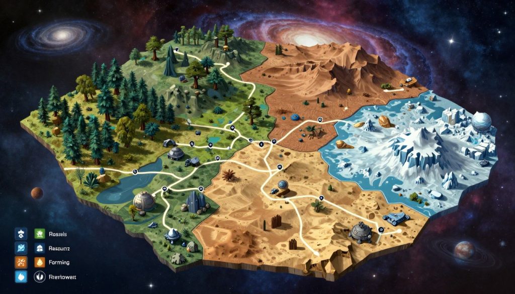 A detailed, isometric map showcasing the fastest planetary farming routes for resource collection in Warframe, set against a vibrant cosmic backdrop filled with distant stars and swirling galaxies. In the foreground, highlight various resource icons and markers indicating locations of valuable items, rendered in a sci-fi style. The middle section should feature different planetary terrains, showcasing diverse biomes such as lush forests, arid deserts, and icy tundras, with clear paths winding through them, demonstrating optimal routes. The background should blend vivid colors of deep space with starlit skies. Soft lighting accentuates the planetary features, creating a dynamic and adventurous mood, while a slight overhead angle gives a comprehensive view of the routes.