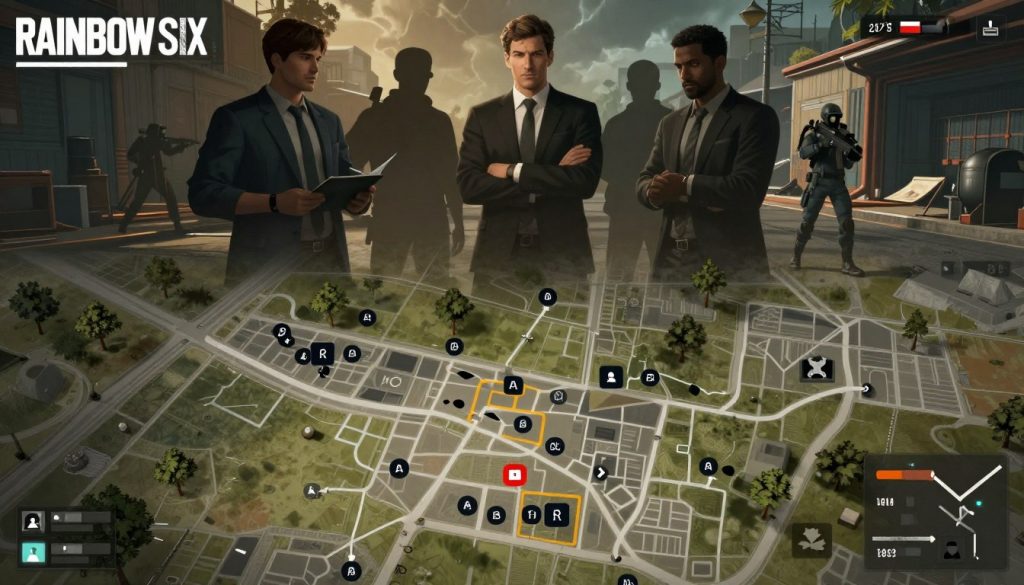 A detailed tactical map layout illustrating counter strategies for a Rainbow Six Siege environment. Foreground features a stylized, annotated map displaying various tactical positions, marked with icons representing player locations, cover points, and attack/defense zones. In the middle ground, a semi-transparent overlay shows silhouettes of operatives in professional attire, discussing strategies with focused expressions. The background has a dynamic gaming environment resembling urban combat zones, with buildings and cover structures, under dramatic lighting that creates a sense of urgency and excitement. The overall atmosphere is strategic and intense, evoking the high-stakes nature of competitive gameplay. The image should be visually clear and engaging, without any text or branding elements.