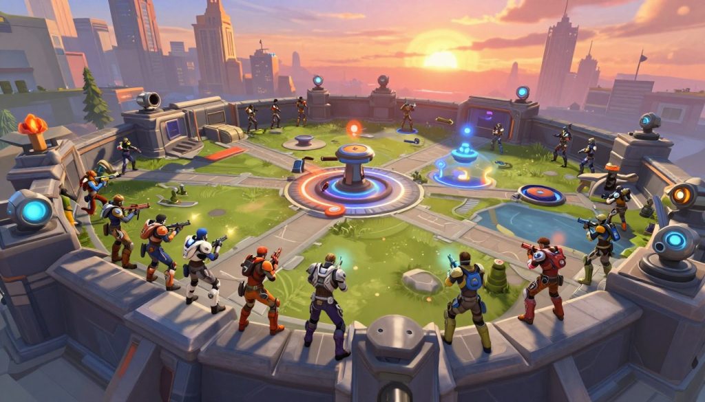 A dynamic Overwatch map scenario showcasing defensive holdpoints and objective positioning. In the foreground, a fortified area with barriers, turrets, and strategic cover, depicting a team of diverse heroes in tactical poses, clad in futuristic armor. In the middle ground, an engaging layout of pathways, with vantage points for snipers and supports, offering a clear view of the objective. The background features a vibrant cityscape, under a sunset sky that casts dramatic lighting, highlighting the intensity of the battle. Use a wide-angle lens to capture the full scope of the map layout and allow vibrant colors to enhance the mood, creating a sense of urgency and teamwork. The atmosphere should feel immersive and energetic, a perfect representation of strategic gameplay in Overwatch.