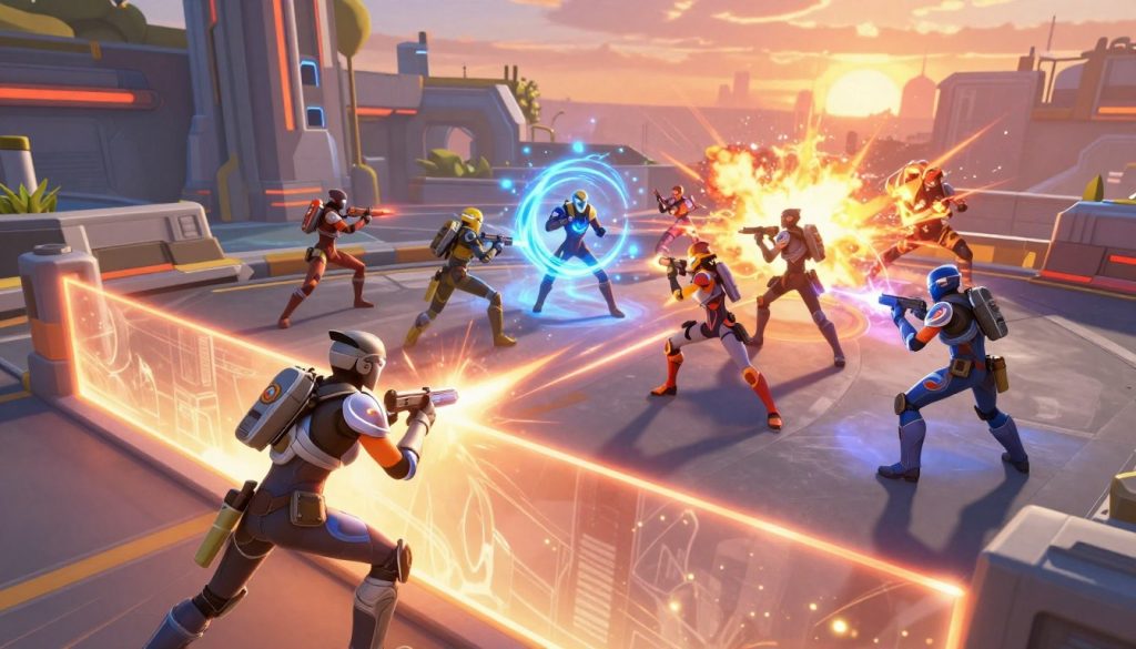 A dynamic and vibrant scene depicting area denial ultimates from Overwatch, showcasing various heroes and their abilities in action. In the foreground, a heroic character unleashes a powerful ability that creates a visual barrier, casting an imposing, glowing wall that shimmers with energy. In the middle ground, intense colors splash as other heroes react, displaying a mix of determination and strategy while navigating the swirling effects of the ultimate. The background features an urban battlefield, with stylized architecture and dynamic lighting that contrasts shadows and bright explosions. A dramatic sunset casts an orange hue across the scene, enhancing the mood of strategic conflict and space control. The atmosphere is charged with excitement, emphasizing teamwork and tactical prowess. High-angle perspective to capture the full scale of the abilities at play; the lens should focus sharply on the characters while creating a slight blur in the background to suggest movement.