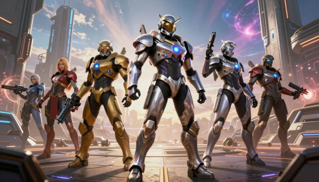 A dynamic group of A-Tier Warframe characters in a futuristic, high-tech environment, showcasing their versatile powers. In the foreground, a powerful Warframe with sleek armor and glowing energy effects stands confidently, surrounded by companions in varied, intricate armor designs highlighting their unique abilities. The middle ground features a battlefield scene with sci-fi elements like energy fields and advanced weaponry, creating a sense of action and strategy. In the background, towering structures and a vibrant sky with celestial phenomena enhance the atmosphere. The lighting should be dramatic, casting shadows and emphasizing the characters' features, while a slightly low angle adds a sense of grandeur. The mood is intense and heroic, highlighting the strength and versatility of these Warframe characters.