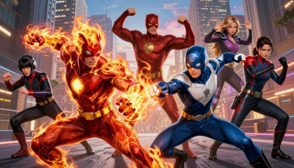 A dynamic illustration of superhero characters from the Marvel universe engaged in a coordinated team-up, showcasing their unique combo attacks. In the foreground, two heroes, one with fiery powers and the other with agility, execute a powerful move, their expressions intense and focused. Their vibrant costumes are detailed, reflecting iconic design elements. In the middle, additional characters lend support, showcasing complementary abilities and dynamic poses that convey motion and teamwork. The background depicts an urban landscape, with tall buildings and a twilight sky bathed in dramatic lighting, emphasizing action and excitement. The atmosphere is energetic and heroic, capturing the essence of collaboration in battle and the strategic nature of their skills.