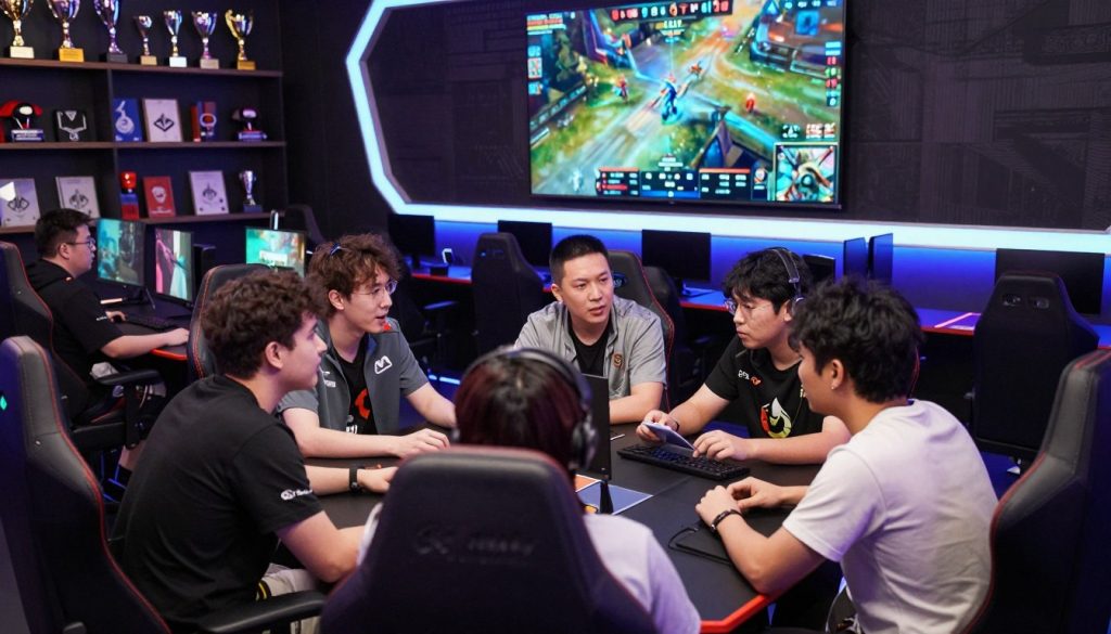 A dynamic image of a post-match review for a competitive Overwatch 6v6 gaming session. In the foreground, depict a diverse group of five professional gamers, dressed in smart, casual clothing, intensely discussing strategies while analyzing a large screen displaying match statistics and highlights. The middle layer showcases a sleek, modern esports training room, featuring gaming setups with colorful LED lights. In the background, shelves stacked with trophies and gaming memorabilia reflect their achievements. The lighting is bright yet focused, mimicking a vibrant gaming atmosphere, with soft shadows adding depth. Capture an atmosphere of determination and teamwork as the players engage in brainstorming for improvement, emphasizing the essence of learning from match experiences.