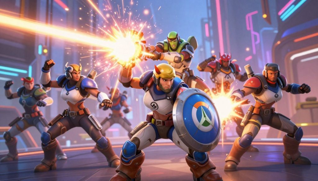 A dynamic scene depicting a group of diverse Overwatch heroes executing ability combos in a vibrant, action-packed environment. In the foreground, visually show a tank hero using a protective shield while a support hero heals an ally. In the middle ground, display a damage hero launching an explosive attack, with lights and effects vividly highlighting their abilities. The background should feature a futuristic cityscape with striking neon lights and buildings to set an energetic mood. Use dramatic lighting to emphasize the contrast between the heroes and their environment, with a slight depth of field effect to focus on the action. Capture a sense of teamwork, coordination, and synergy among the heroes as they strategize together in harmony.