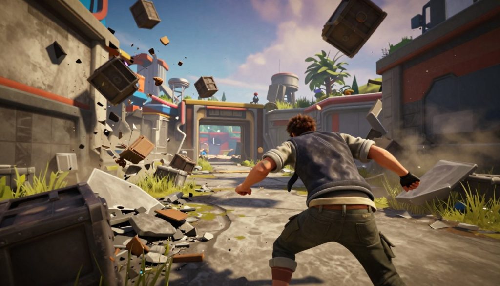 A dynamic scene from the gameplay of "Marvel Rivals," showcasing breakable objects in a tactical environment. In the foreground, a close-up of a character in professional casual attire, excitingly maneuvering through debris and shattered objects around them, emphasizing the moment of destruction. In the middle ground, various destructible structures like walls and crates are crumbling, revealing hidden pathways and tactical advantages. The background features a vibrant battlefield with a mix of urban elements and natural surroundings, under a dramatic sky. Use a wide-angle lens to capture the chaos, with vivid lighting emphasizing the action and the dust particles in the air. The overall atmosphere is intense and lively, reflecting a fast-paced gaming experience.
