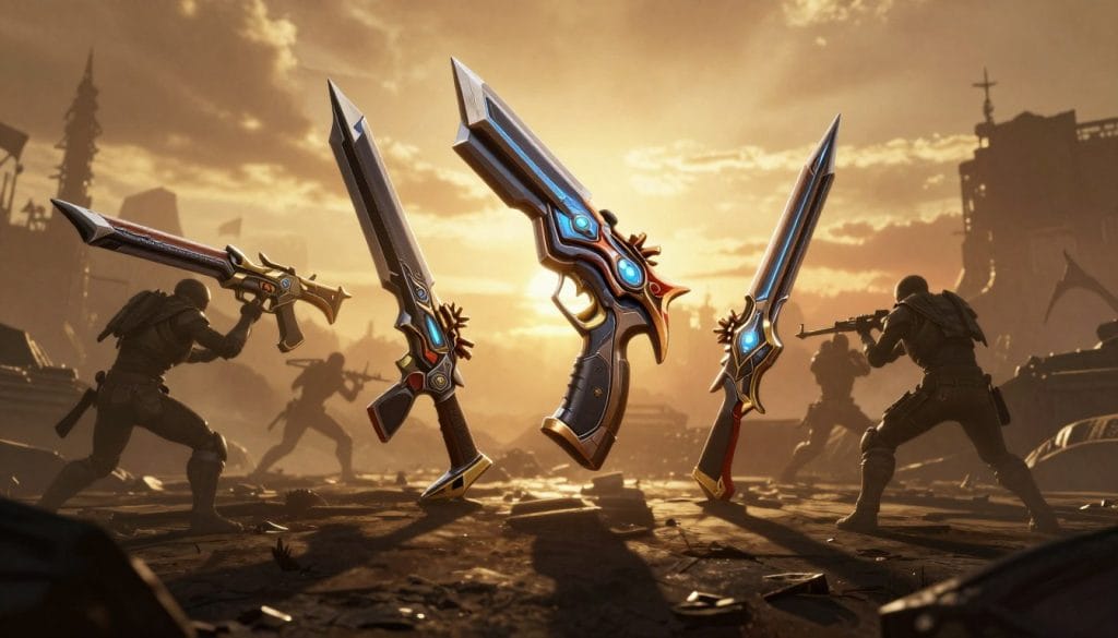 A dynamic scene showcasing a collection of exotic PvP weapons from Destiny 2, positioned prominently in the foreground. The weapons, including the Thorn, Last Word, and Ace of Spades, are detailed with intricate designs and glowing elements, emphasizing their power and uniqueness. In the middle ground, a shadowy battlefield environment evokes the Crucible, with faded outlines of Guardian silhouettes engaged in intense combat. The background features a dramatic sunset sky, casting a warm, golden light that contrasts with the dark atmosphere of the battlefield, enhancing the urgency of PvP gameplay. The composition should have a cinematic angle to create depth, capturing the spirit of competition and dominance in a polished, vibrant aesthetic.