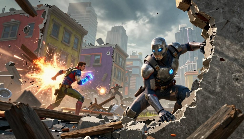 A dynamic scene showcasing destructible cover tactics in a vibrant, comic-style setting inspired by Marvel Rivals. In the foreground, a superhero with sleek, futuristic armor crouches behind a crumbling concrete wall, peering cautiously as debris flies. To the left, another character, equipped with energy-based abilities, blasts through a nearby structure, sending chunks of wood and metal scattering through the air. In the middle ground, a colorful urban environment is partially destroyed, with building facades exhibiting signs of wear and blast damage. The background features a dramatic city skyline, partially obscured by the chaos, under a moody, overcast sky with beams of light breaking through. The lighting reveals intense action while conveying a sense of urgency and excitement, emphasizing the tactical nature of environmental interactions within the game.
