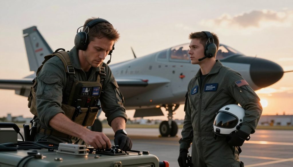 A dynamic scene showcasing two specialized roles from the Squad Class of 2026: a Crewman and a Pilot. In the foreground, the Crewman, equipped with tactical gear and a modern headset, adjusts equipment on a rugged vehicle, displaying focused determination. Beside him, the Pilot, dressed in a sleek flight suit with a helmet under one arm, gazes toward a futuristic aircraft in mid-execution of pre-flight checks. The middle ground features the aircraft, clearly advanced and detailed, with visible markings that denote a fictitious squadron. The background reveals a dramatic sky at dawn, casting warm, golden light that enhances the atmosphere of teamwork and high stakes. The composition is shot from a low angle, emphasizing the significance of their roles, with a soft bokeh effect on the surroundings for a cinematic touch.