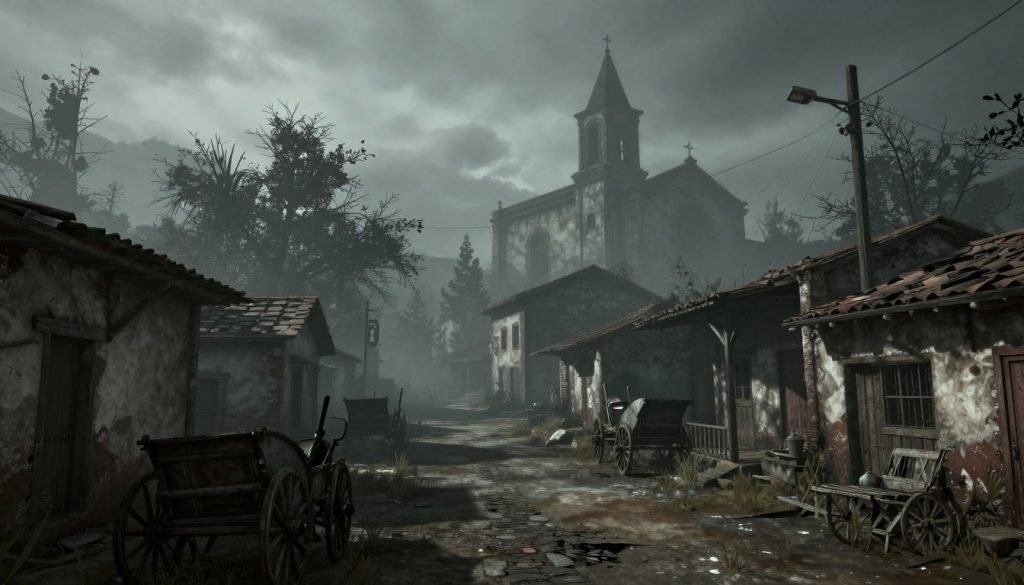 A foggy Spanish village in Resident Evil 4 with dilapidated buildings and ominous atmosphere