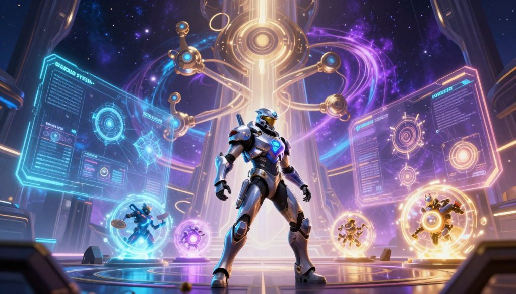 A futuristic Warframe scene set in a vast, vibrant digital arena representing the updated Focus System for 2026. In the foreground, a powerful Tenno warrior, fully armored in sleek, glowing Warframe gear, is surrounded by radiant energy orbs symbolizing different Focus schools. The middle ground showcases intricate, shifting holographic interfaces displaying new Arcane abilities, with ethereal light cascading over them, creating a sense of depth. In the background, a colossal, abstract structure representing the interconnectedness of the new mechanics stands against a cosmic backdrop, filled with swirling colors of purples, blues, and golds. The atmosphere is dynamic and electrifying, enhanced by intense, multi-directional lighting, suggesting a moment of strategic decision-making in battle. Capture this in a slightly angled perspective to highlight the warrior’s stance and the surrounding elements.