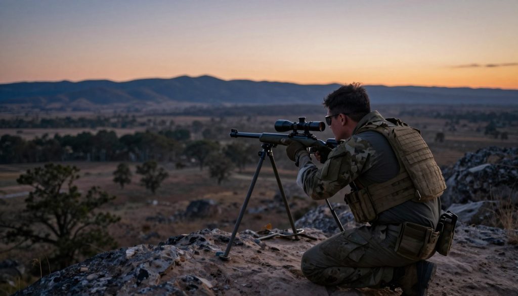 A highly focused marksman in military tactical gear, positioned on a rocky vantage point, scanning a vast, rugged landscape through a high-powered rifle scope. The foreground features the marksman crouched in a stable firing position, emphasizing precision and concentration. In the middle ground, a series of blurred trees and rugged terrain stretch out, leading to a distant mountain range under a vibrant, twilight sky. Soft, dramatic lighting casts long shadows, enhancing the atmosphere of stealth and anticipation. The perspective captures the scene from a slightly elevated angle, highlighting both the marksman's careful posture and the expansive field of view. The mood conveys tension and focus, ideal for the marksman role in an operational setting.