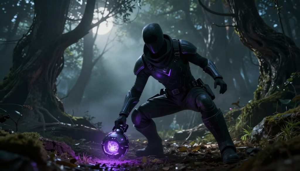 A stealthy Hunter from Destiny 2 stands poised in a shadowy forest setting, embodying the Gyrfalcon configuration for a Void build. The Hunter is clad in sleek, dark tactical gear with glowing purple accents, emphasizing their connection to the Void. In the foreground, the character crouches low, blending seamlessly into the environment, with a pulse grenade ready, its energy shimmering softly. The middle ground reveals twisted trees and a misty atmosphere, creating a sense of mystery and danger. Soft, dappled moonlight pierces through the canopy, casting dynamic shadows on the ground, enhancing the stealthy mood. The composition captures an intense moment, with a low-angle shot that creates an imposing presence, emphasizing the silhouette against the ethereal background.