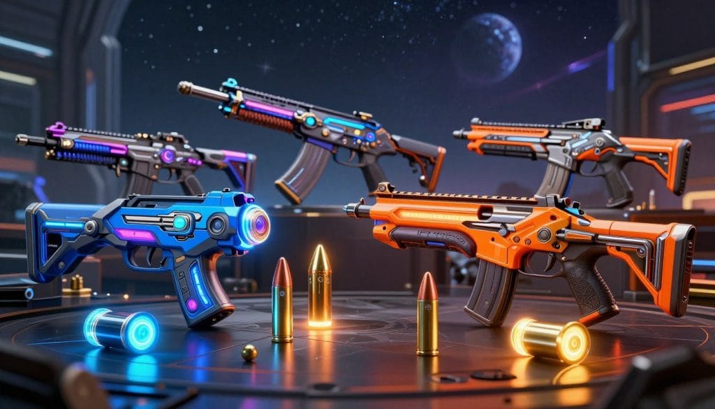 A stunning display of various exotic weapons from Destiny 2, showcasing special ammo options. In the foreground, highlight intricately designed guns with glowing elements and unique shapes, featuring vibrant colors like neon blue and energetic orange. In the middle, arrange some special ammo types like bright glowing rounds and energy cells, artistically scattered around. The background features a futuristic battlefield scene with a starry sky and distant planets, creating a cosmic ambiance. Use dramatic lighting to emphasize the weapons, casting dynamic shadows and reflections. Capture the mood of adventure and power, evoking excitement for the game. The composition should be sharp, with a slight depth of field effect, focusing on the details of the weapons while softly blurring the background.