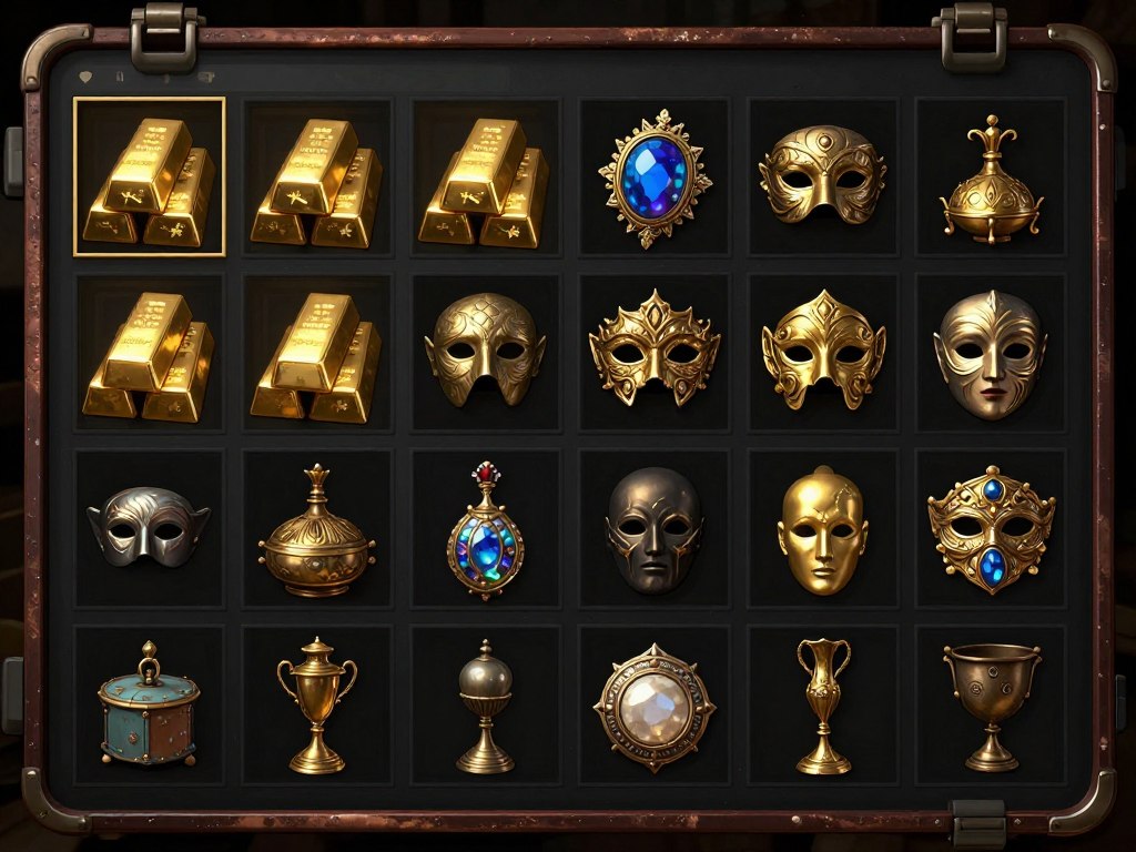 A treasure collection screen from Resident Evil 4 showing various valuable items