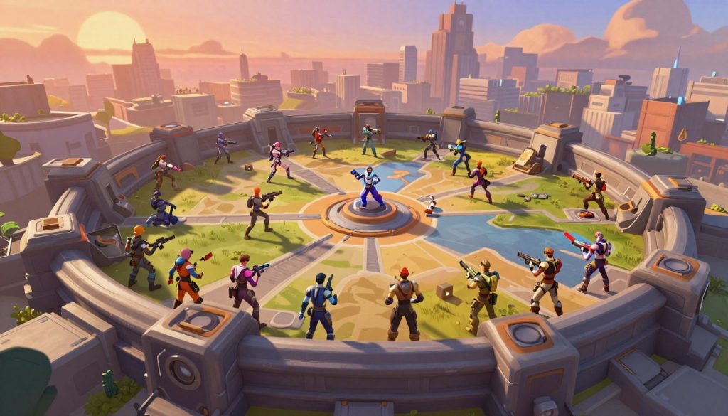 A vibrant and detailed illustration of a strategic choke point in a hybrid map setting, showcasing the intense gameplay of Overwatch. In the foreground, a fortified area with tactical barriers and cover positions, occupied by strategically placed heroes in professional attire, displaying an array of high-tech gear. In the middle ground, dynamic terrain with varying elevations and pathways leading to capture points, with players engaged in cooperative maneuvers. The background features a panoramic view of an intricate cityscape colored by rich sunset hues, casting dramatic shadows and emphasizing the tension of battle. The lighting is warm and atmospheric, creating a sense of urgency and focus, captured from a low-angle perspective for added intensity.