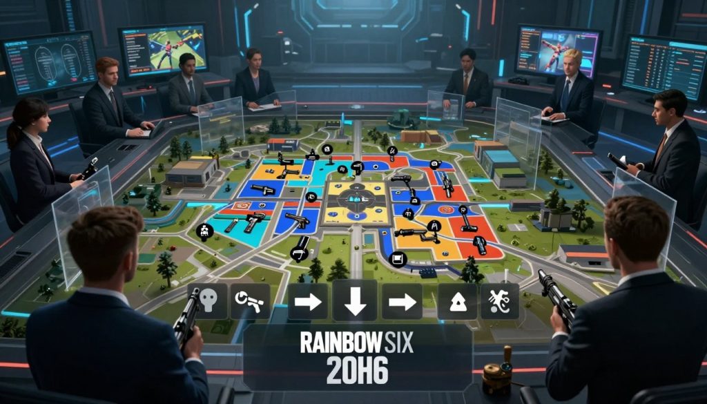 A vibrant and strategic representation of ranked map strategies in Rainbow Six Siege for 2026, set in an immersive digital landscape. In the foreground, tactical icons and arrows depict various gameplay strategies, surrounded by semi-transparent overlays of player silhouettes in professional attire, observing the map. The middle ground features a detailed, colorful 3D map with highlighted zones and battlegrounds, intricately designed to reflect the evolving meta of the game. In the background, a faint blur of a high-tech gaming environment with monitors displaying stats and player movements enhances the scene's intensity. Utilize dynamic, cool lighting to create a thrilling atmosphere, shot with a slight low angle to emphasize the strategic depth of the gameplay. The overall mood conveys anticipation and competitive spirit.