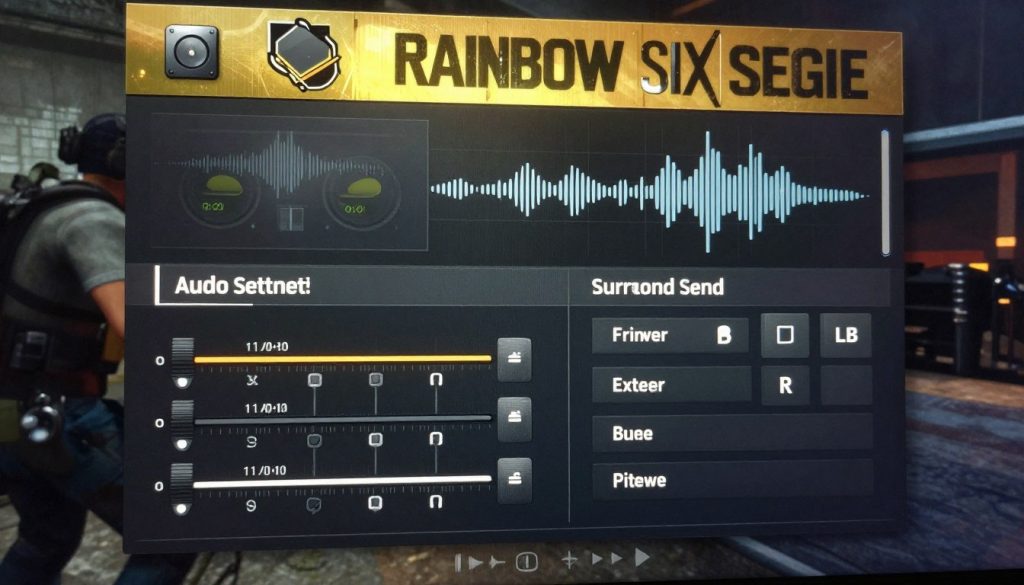 A vibrant, detailed in-game menu interface from Rainbow Six Siege focusing on audio settings optimization. The foreground displays a polished user interface with sliders for volume control, audio presets, and surround sound settings, all rendered with an intuitive design. In the middle, subtle graphical elements representing game audio cues and sound waveforms provide a dynamic overlay. The background includes a blurred, atmospheric representation of a tactical operation environment, echoing the game's strategic themes. The lighting is soft and ambient, highlighting the menu's features while casting gentle shadows to create depth. The overall mood is professional and engaging, inviting the viewer to explore audio customization options for enhancing gameplay experience.