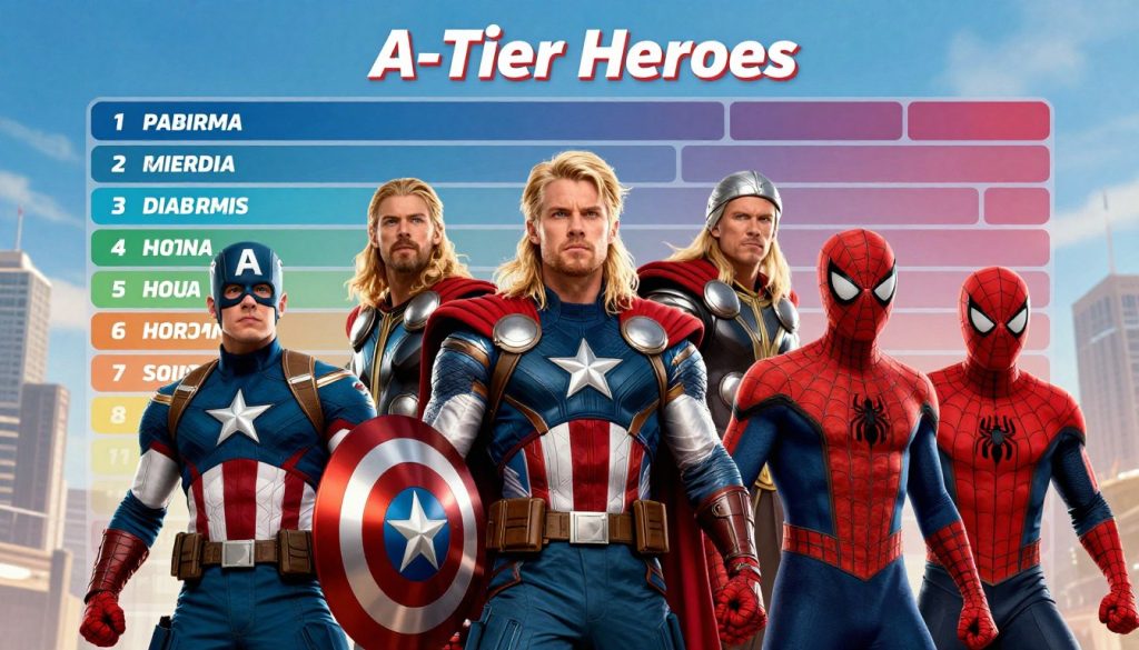 A vibrant, dynamic composition of A-Tier Marvel heroes in a stylized tier list format. In the foreground, feature iconic heroes like Captain America, Thor, and Spider-Man, rendered in their classic but modernized outfits, posed confidently with an air of determination. In the middle ground, display a sleek, colorful graphic design of a tier list category labeled "A-Tier Heroes", showcasing the characters’ names with an artistic flair. The background should be a subtle cityscape with a bright blue sky, adding depth and implying action. Use bright, high-contrast lighting to create a heroic atmosphere, and a slightly low-angle perspective to emphasize the strength and reliability of these characters. The overall mood should exude empowerment and excitement, showcasing their status as reliable powerhouses.