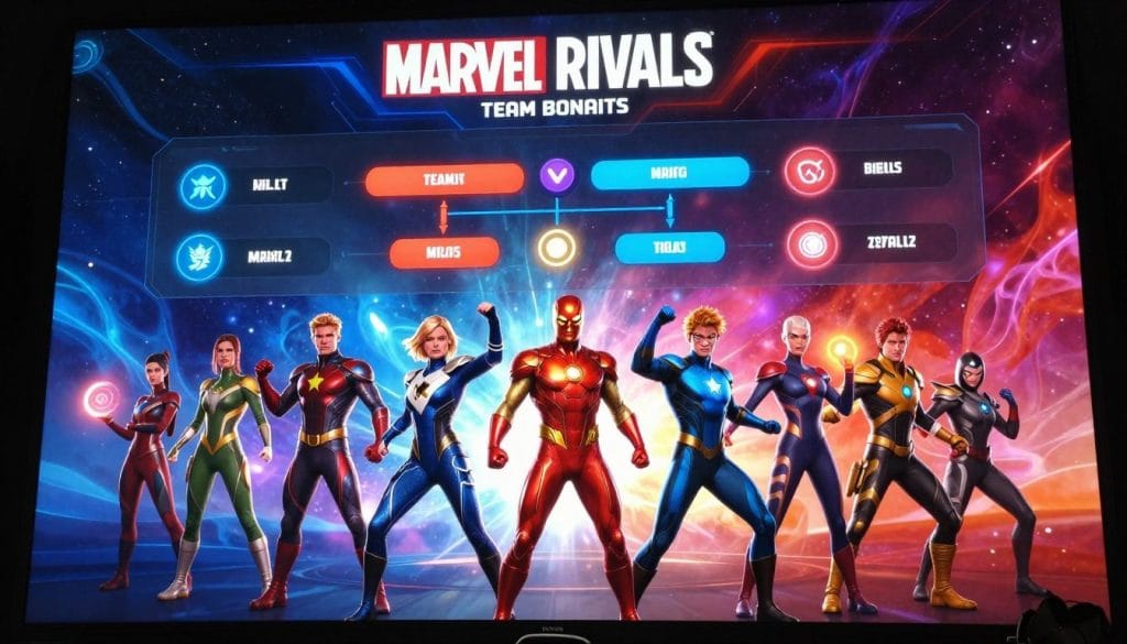 A vibrant selection screen showcasing Marvel Rivals team bonuses, focusing on character hero selection. The foreground features a diverse lineup of superheroes in dynamic poses, showcasing their unique abilities visually represented by glowing icons and color-coded bonuses beside each character. In the middle, a sleek digital interface displays options for team synergy mechanics, with highlighted sections connecting characters’ abilities. The background consists of an abstract cosmic landscape, swirling with stars and colors to evoke a sense of power and excitement. The lighting is bright and engaging, illuminating the characters and creating an atmosphere of teamwork and strategy. Use a wide-angle lens to capture the full essence of this heroic moment, ensuring the composition is lively and visually captivating, without any text or overlays.