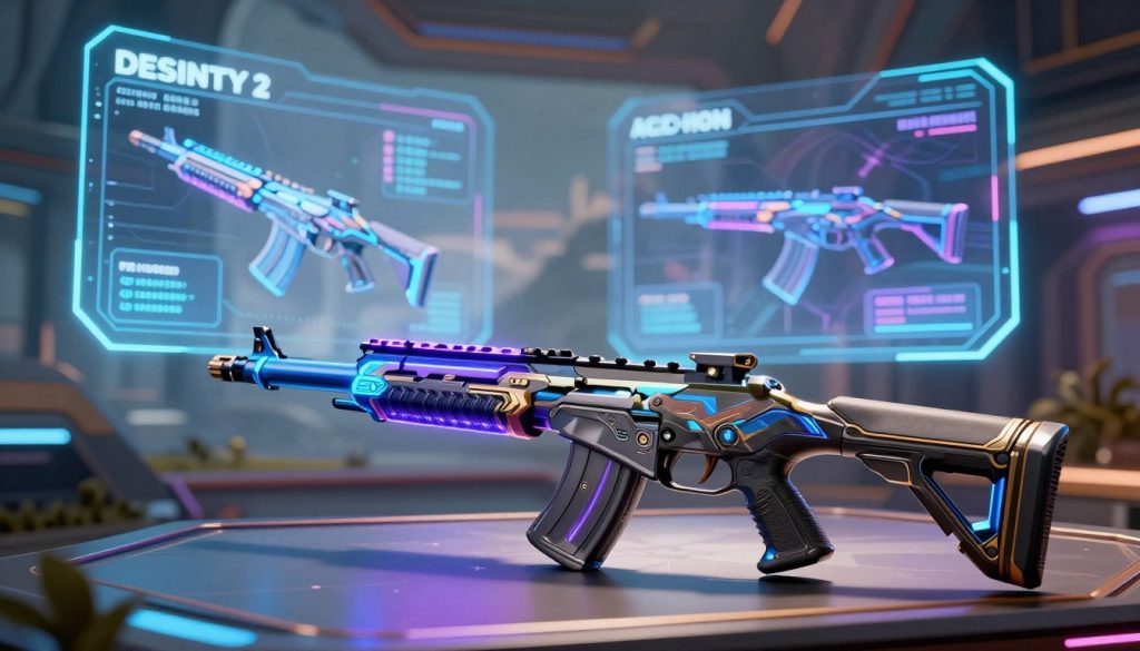 A visually striking display of Destiny 2 weapon god rolls for 2026, featuring a legendary firearm with intricate designs and glowing elements. In the foreground, the weapon rests on a sleek, futuristic table, with a bright neon blue and purple glow accentuating its unique perks. The middle ground depicts a tech-inspired environment, with holographic interfaces showcasing weapon stats and enhancements, casting a soft light that highlights the details. The background features a blurred view of a sci-fi landscape, adding depth and immersion to the scene. The atmosphere is dynamic and energetic, infused with a sense of anticipation and adventure, enhanced by dramatic lighting that creates shadows and highlights across the visual elements.