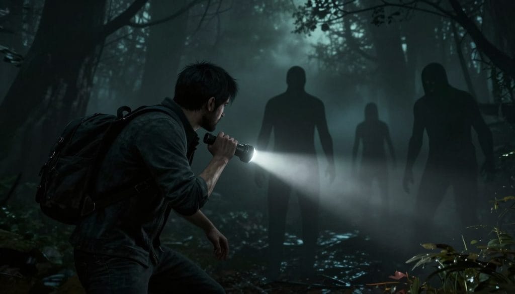 Alan Wake gameplay showing the light-based combat mechanics that made it a unique third-person shooter horror game