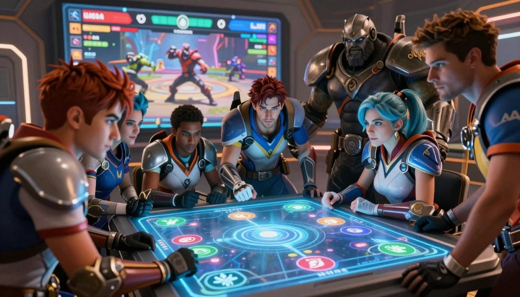 An Overwatch team strategizing on ultimate economy management, set in a futuristic gaming environment. In the foreground, diverse heroes such as Tracer, Reinhardt, and Mercy are gathered around a holographic display of their ultimate abilities, with focus and determination on their faces. In the middle ground, a digital scoreboard showcases their ultimates' progress, illuminated with vibrant colors. The background features a dynamic battlefield environment with blurred outlines of enemy heroes in a tense confrontation. High-contrast lighting highlights the heroes while soft glows emanate from the holographic display, creating an intense yet collaborative atmosphere. The perspective is slightly tilted to emphasize the urgency of teamwork in a 6v6 setting, capturing the essence of strategic planning in Overwatch.
