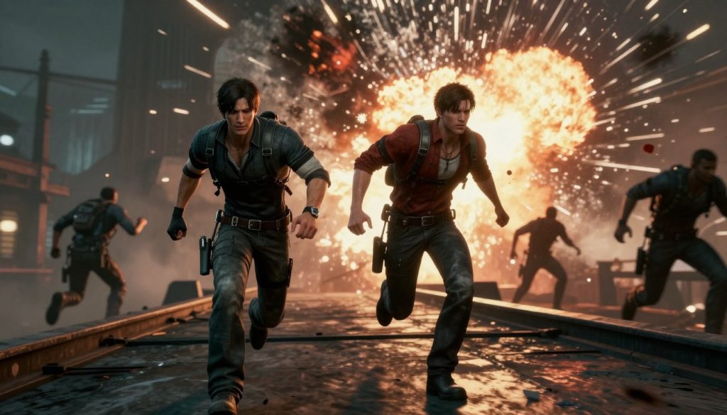 An iconic scene from Resident Evil 4 showing Leon and Ashley escaping from enemies