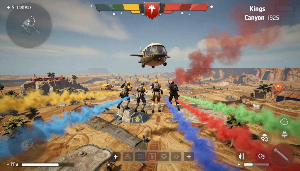 Apex Legends gameplay showing squad dropping into Kings Canyon map