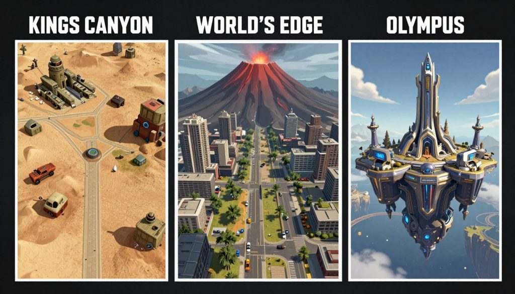 Apex Legends maps showing Kings Canyon, World's Edge, and Olympus