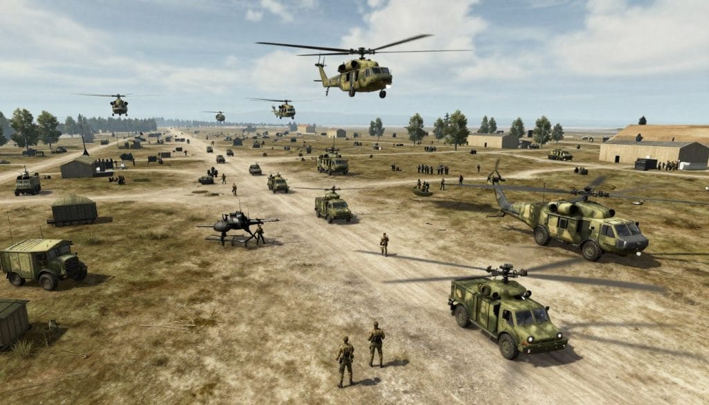 Arma 3 gameplay showing large-scale military operation with vehicles and infantry