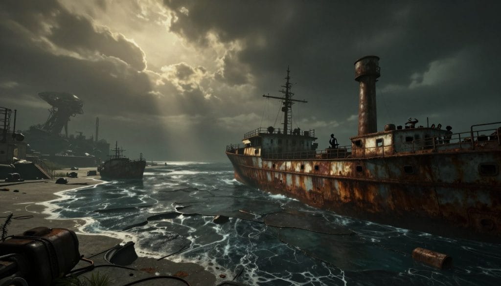 Atmospheric scene showing the dystopian environment of Half-Life 2