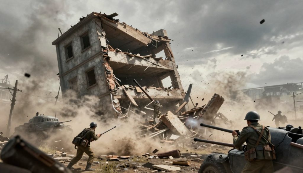 Battlefield 1 environmental destruction showing a building collapsing during battle