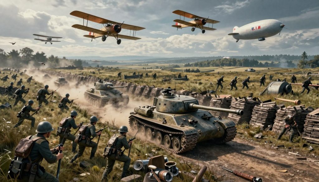 Battlefield 1 game review verdict showing a dramatic battlefield scene with soldiers, tanks and planes