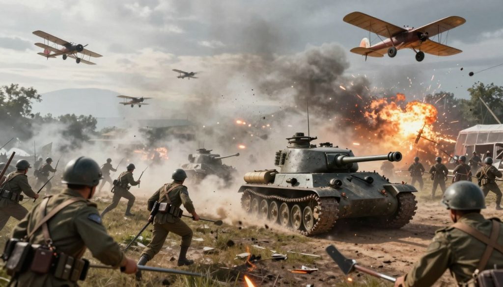 Battlefield 1 multiplayer battle with soldiers, tanks and biplanes