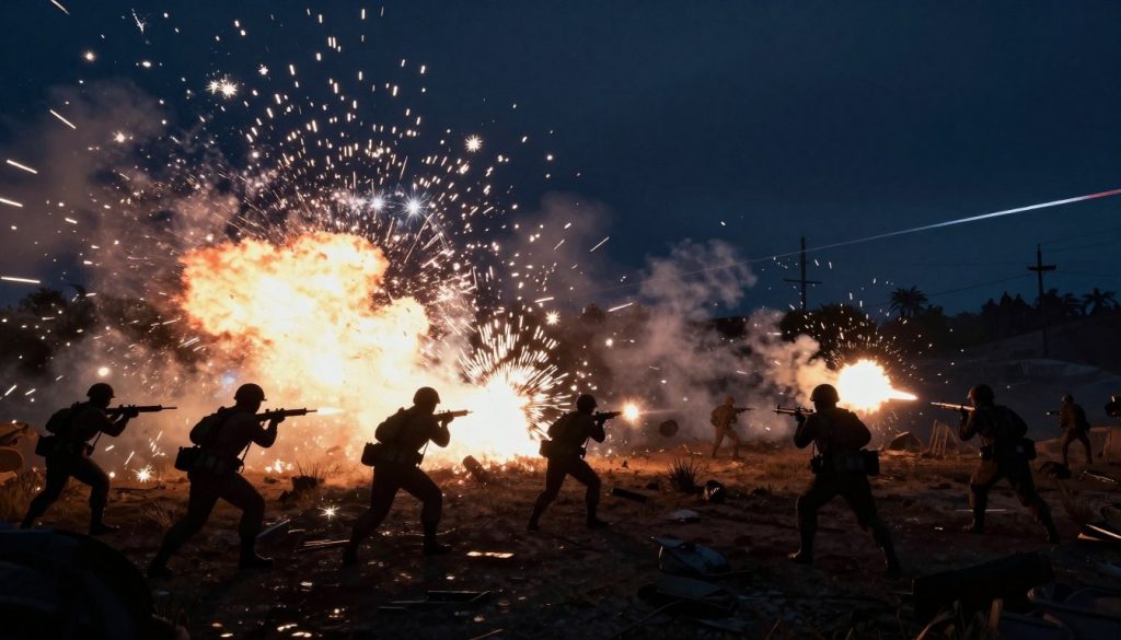 Battlefield 1 night scene showing flares and explosions illuminating a battlefield
