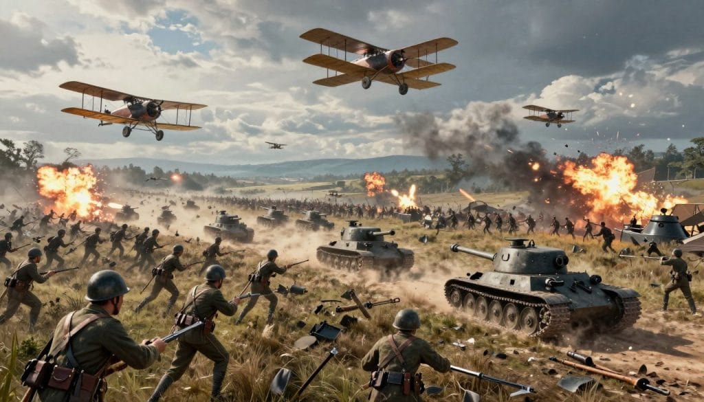 Battlefield 1 showing large-scale World War I combat with vehicles and infantry