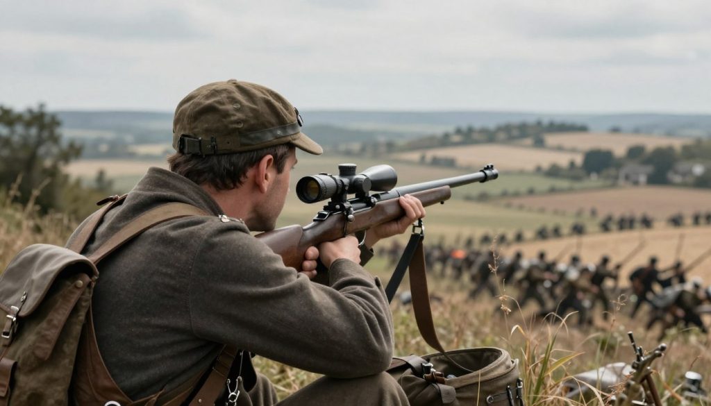 Battlefield 1 sniper on a hillside overlooking a battlefield