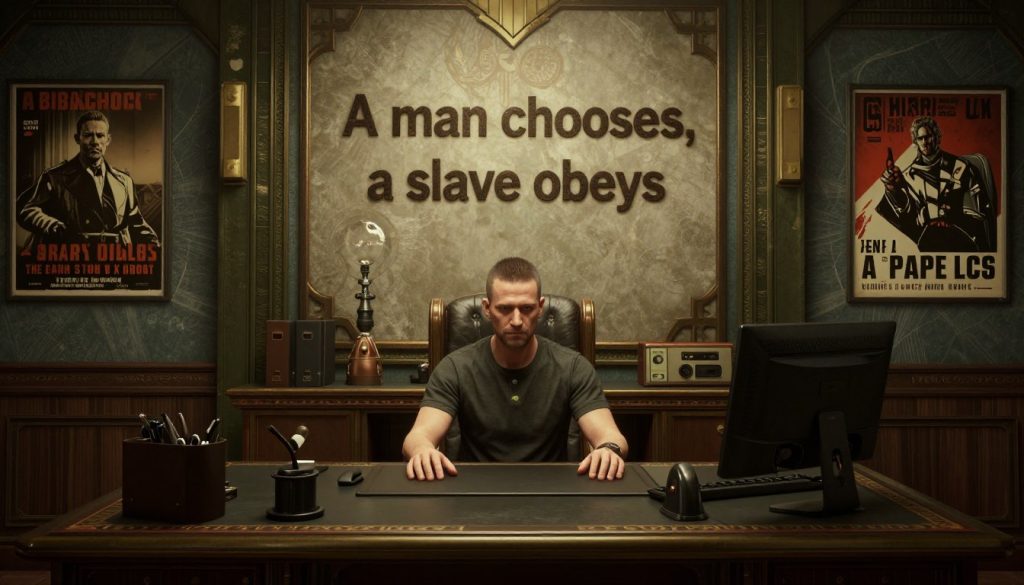 BioShock game review showing Andrew Ryan's office with the iconic phrase 'A man chooses, a slave obeys' visible