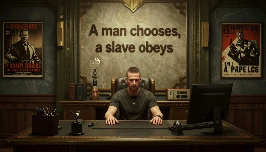 BioShock game review showing Andrew Ryan's office with the iconic phrase 'A man chooses, a slave obeys' visible