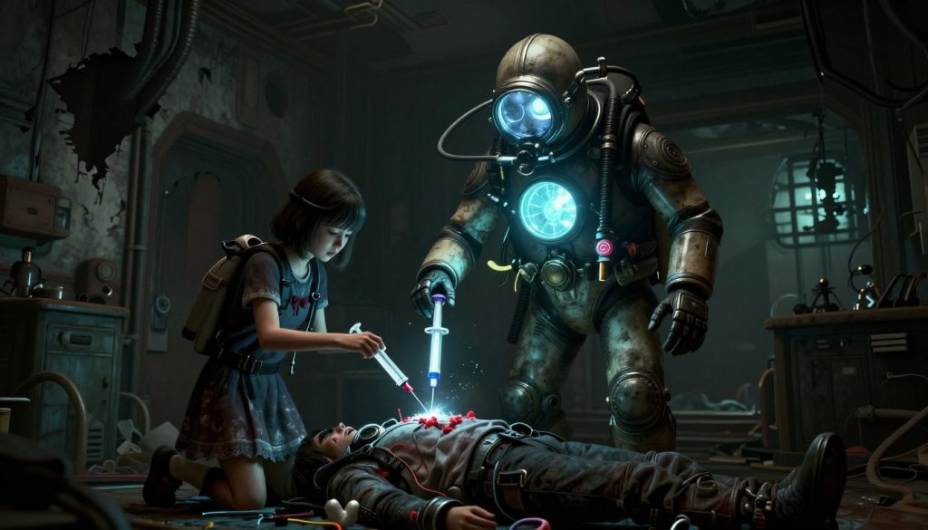 BioShock game review showing a Big Daddy protecting a Little Sister as she harvests ADAM from a corpse