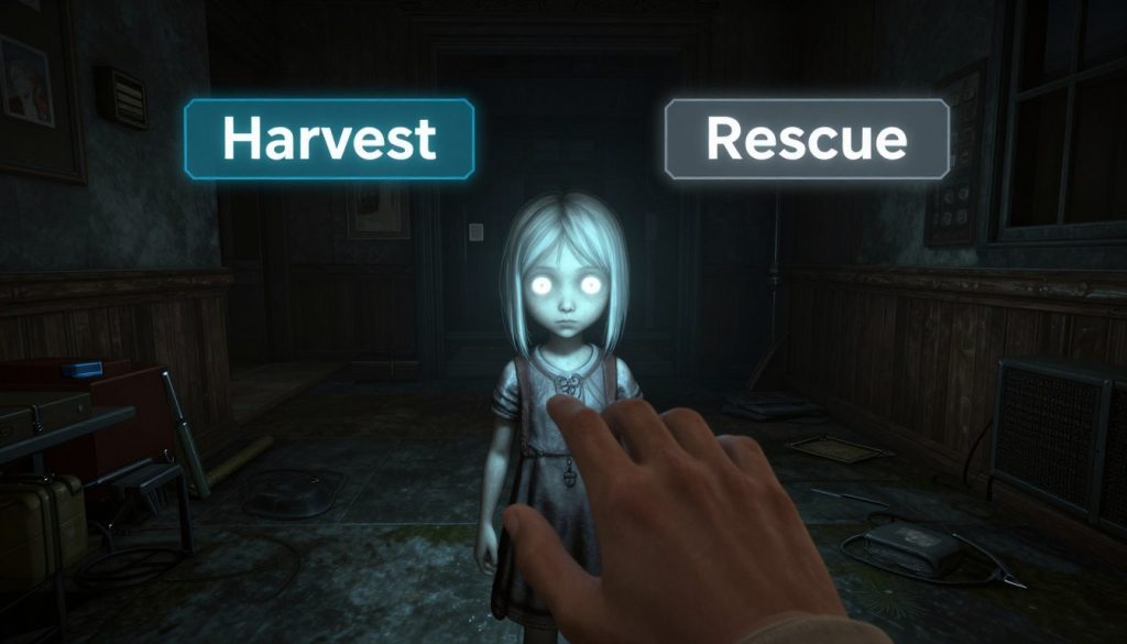 BioShock game review showing a player choosing whether to harvest or rescue a Little Sister
