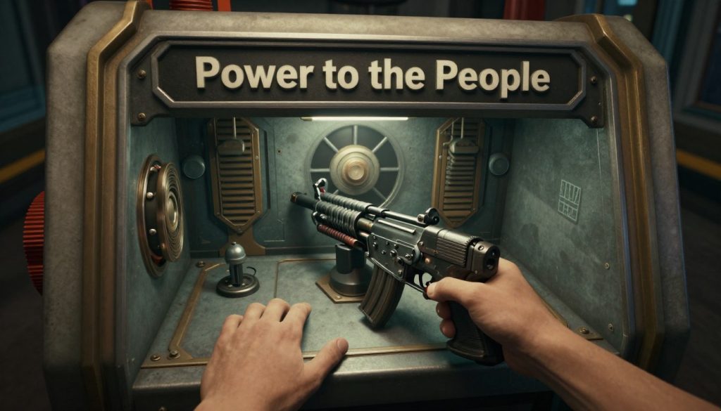 BioShock game review showing a player upgrading weapons at a Power to the People station