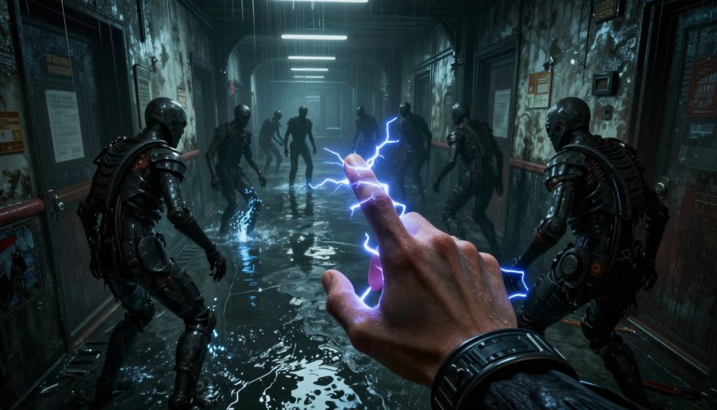 BioShock game review showing a player using the Electro Bolt plasmid against splicers in a flooded corridor